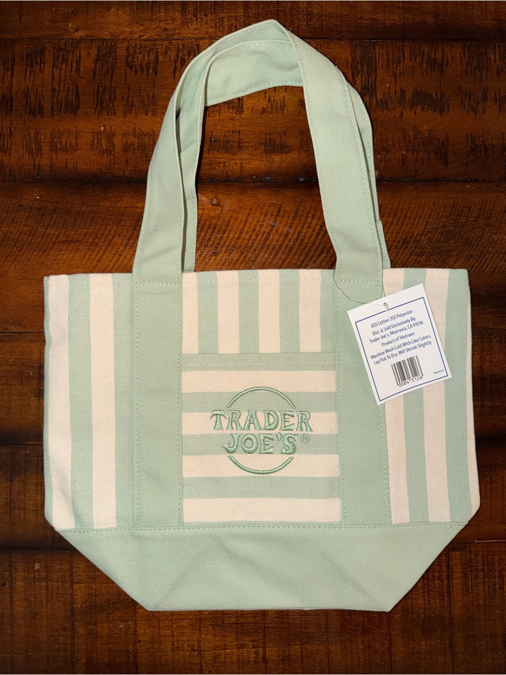 MINI NWT Trader Joe’s Summer Striped Mini Canvas Tote Bag - Cream & Mint Green - Picture 2 of 5